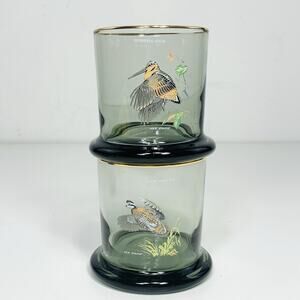 NED SMITH Single Lowball 8 oz Glass Set (2) Smoke Gold Rim Waterfowl Rocks EUC